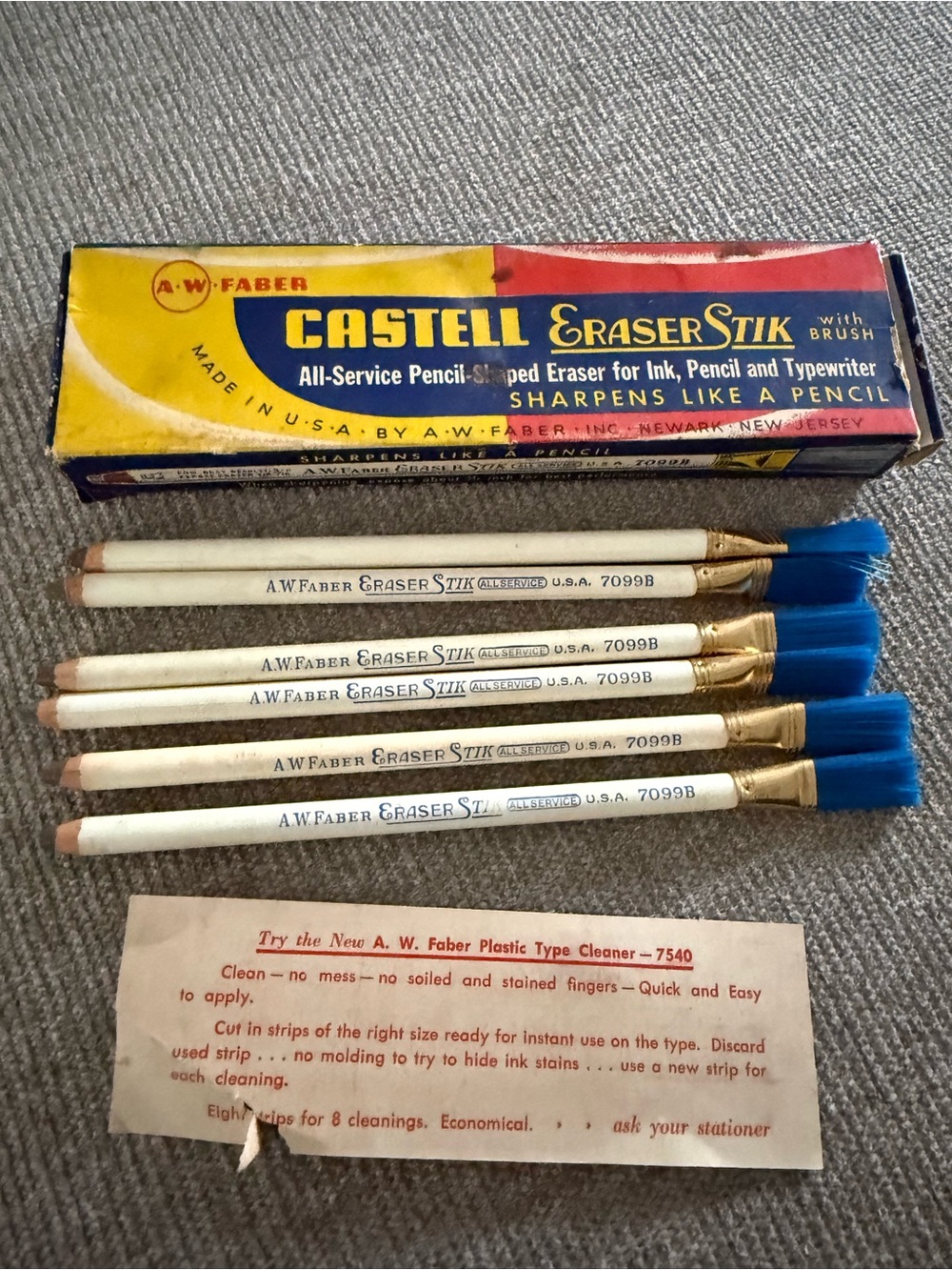 Vintage Faber Castell ERASERSTIK w/BRUSH 7099B USA All Service Eraser Box w/6